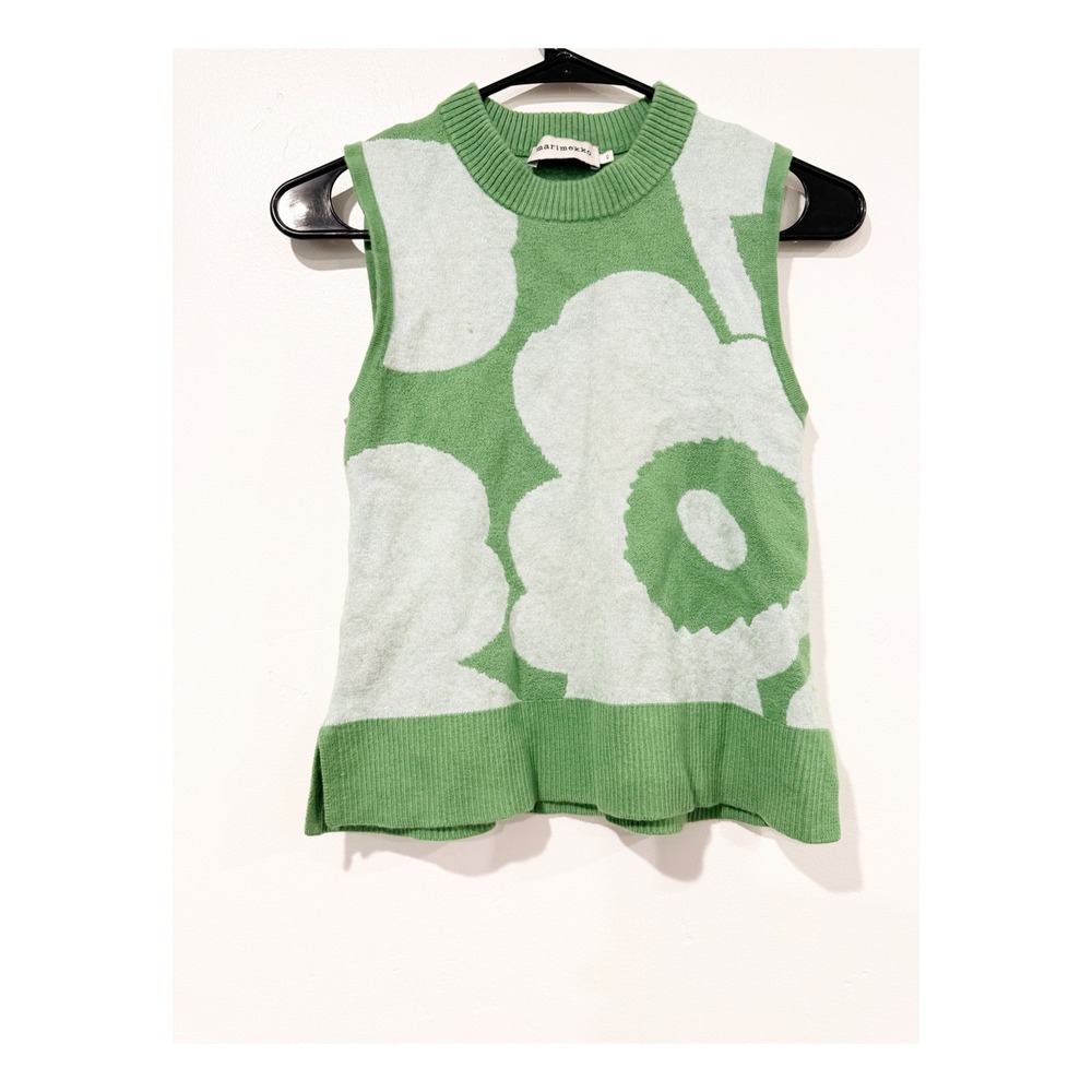 Marimekko Unikko Floral Knit Sweater Vest Green White Poppy Sleeveless Top XS